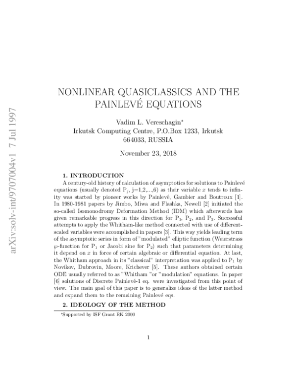 (PDF) Nonlinear Quasiclassics and the Painlevé Equations
