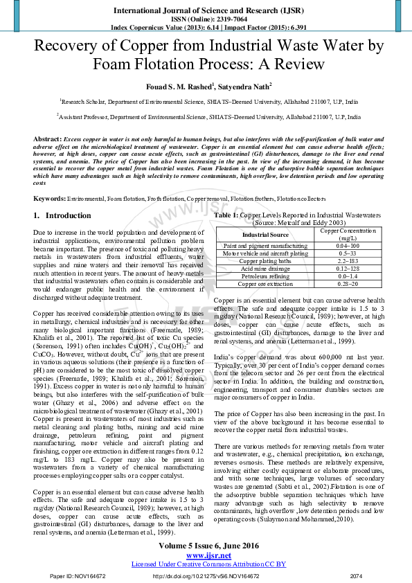 (PDF) Recovery of Copper from Industrial Waste Water by Foam Flotation