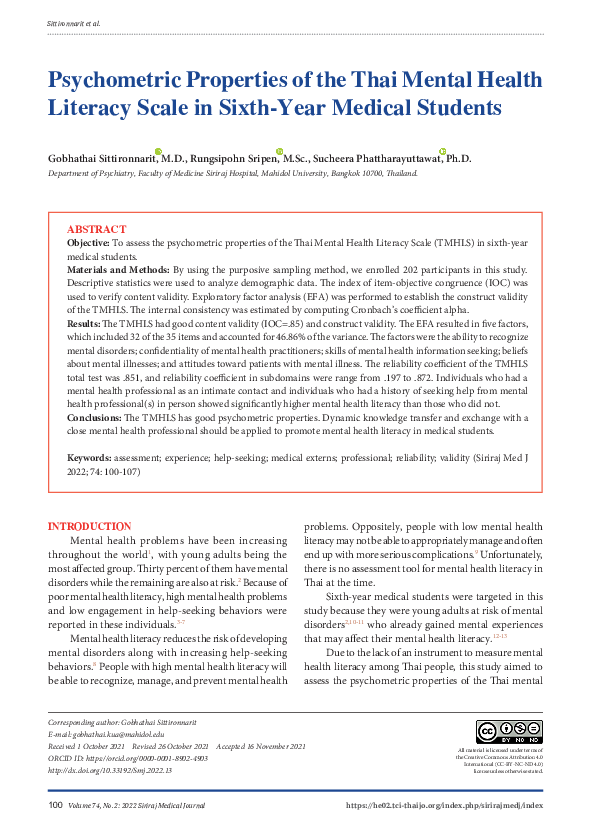 (PDF) Psychometric Properties of the Thai Mental Health Literacy Scale ...