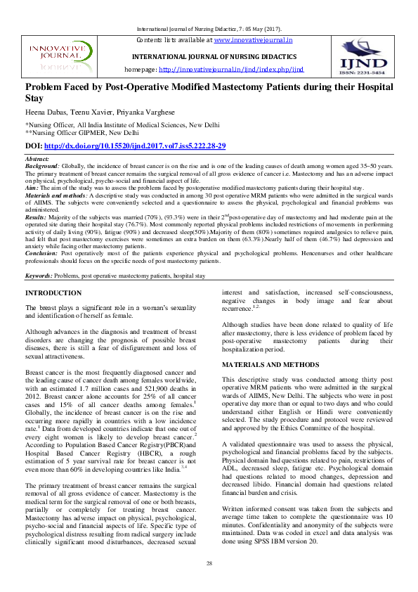 (PDF) Problem Faced by PostOperative Modified Mastectomy Patients