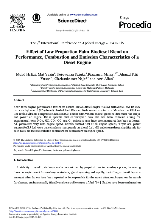 (PDF) Effect of Low Proportion Palm Biodiesel Blend on Performance ...