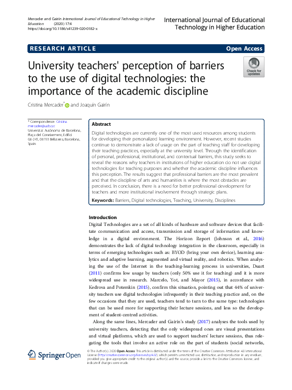 (PDF) University teachers' perception of barriers to the use of digital ...
