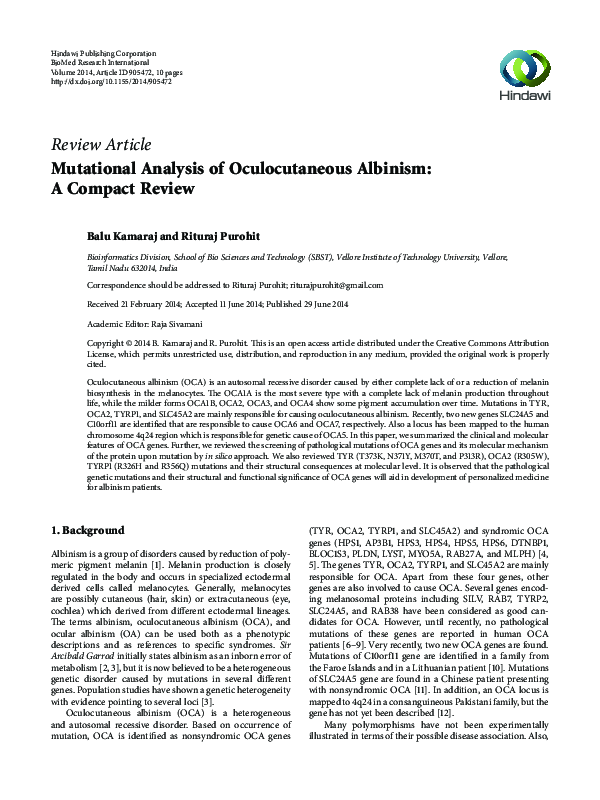 (PDF) Mutational Analysis of Oculocutaneous Albinism: A Compact Review