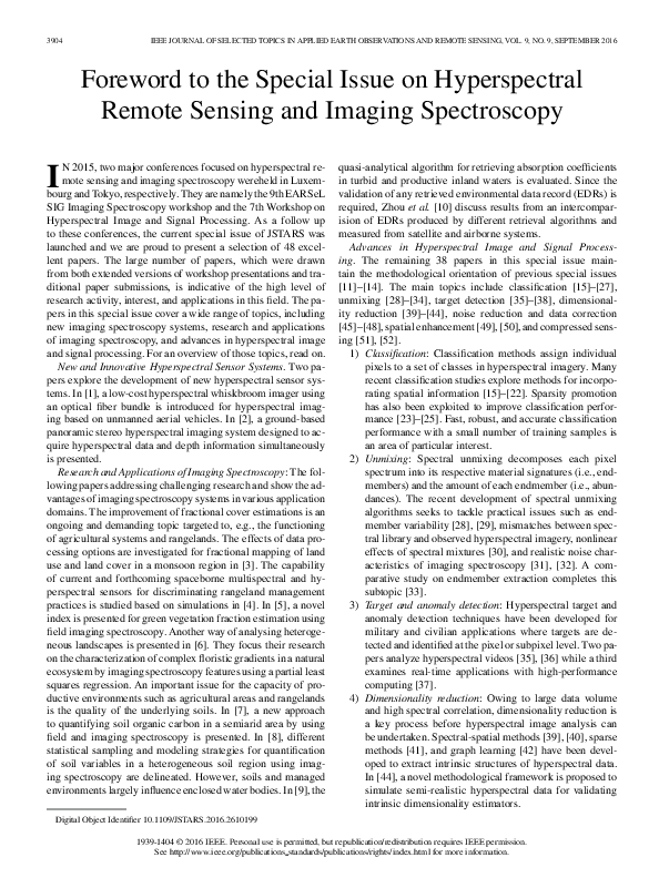 (PDF) Foreword to the special issue on hyperspectral remote sensing ...