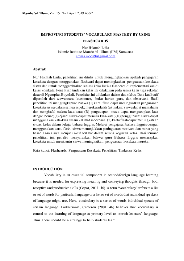 (PDF) Improving Students’ Vocabulary Mastery By Using Flashcards (A ...