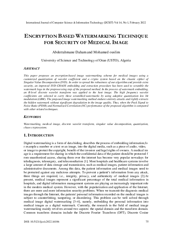 (PDF) ENCRYPTION BASED WATERMARKING TECHNIQUE FOR SECURITY OF MEDICAL IMAGE