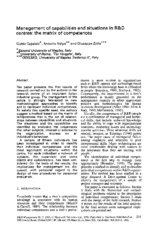 Management of capabilities and situations in R&D centres: the matrix of competences