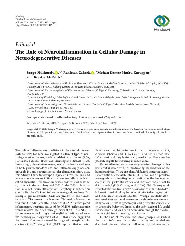 (PDF) The Role of Neuroinflammation in Cellular Damage in ...