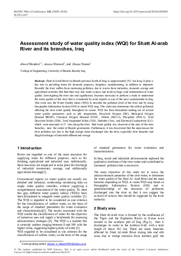 (PDF) Assessment study of water quality index (WQI) for Shatt Al-arab ...