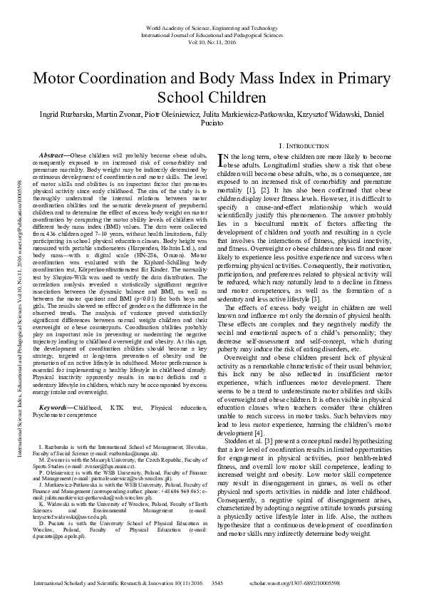 (PDF) Motor Coordination and Body Mass Index in Primary School Children