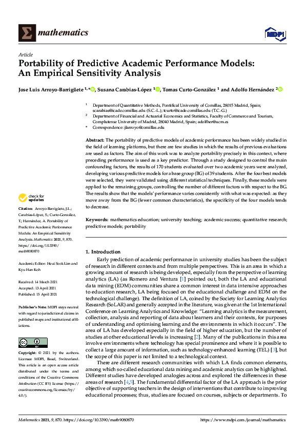 (PDF) Portability of Predictive Academic Performance Models: An ...