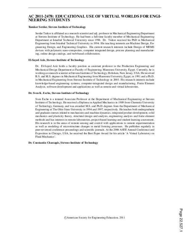 (PDF) Educational Use of Virtual Worlds for Engineering Students