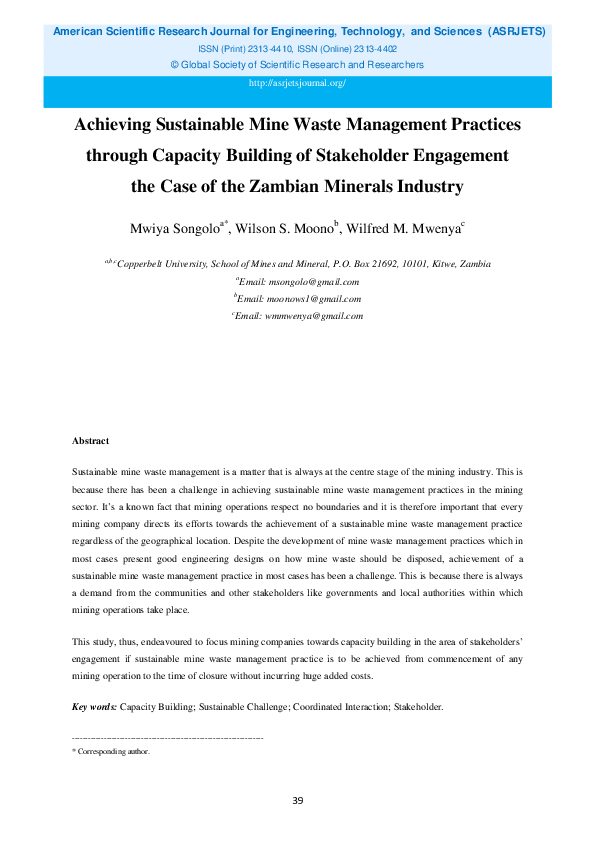 (PDF) Achieving Sustainable Mine Waste Management Practices through ...