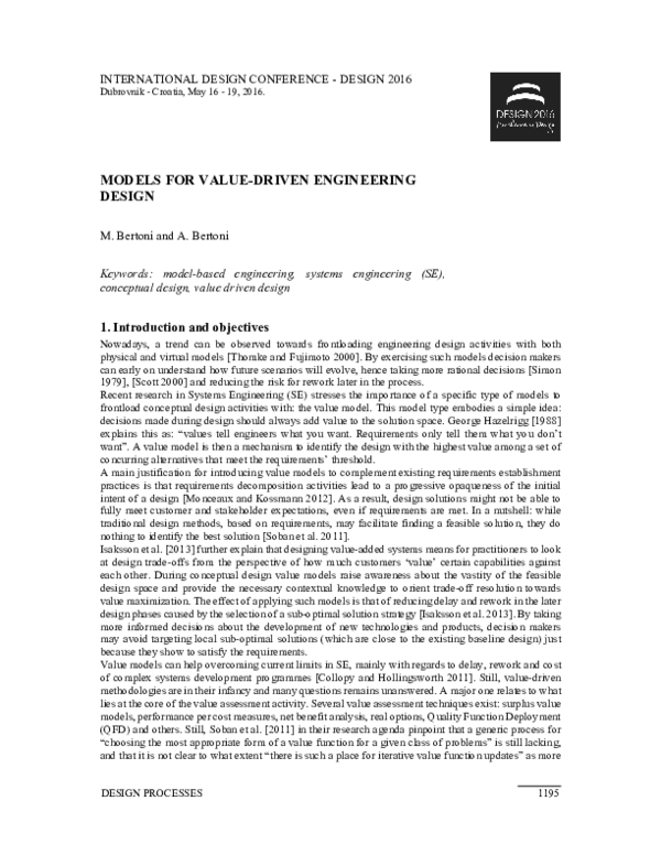 Pdf Models For Value Driven Engineering Design