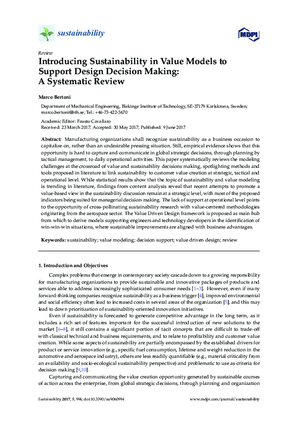 (PDF) Introducing Sustainability in Value Models to Support Design ...