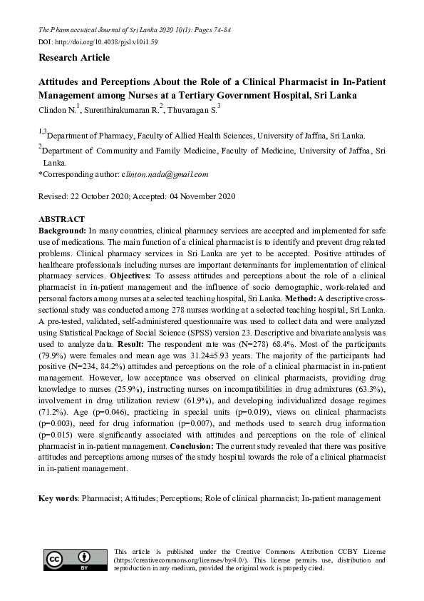 (PDF) Attitudes and Perceptions About the Role of a Clinical Pharmacist ...