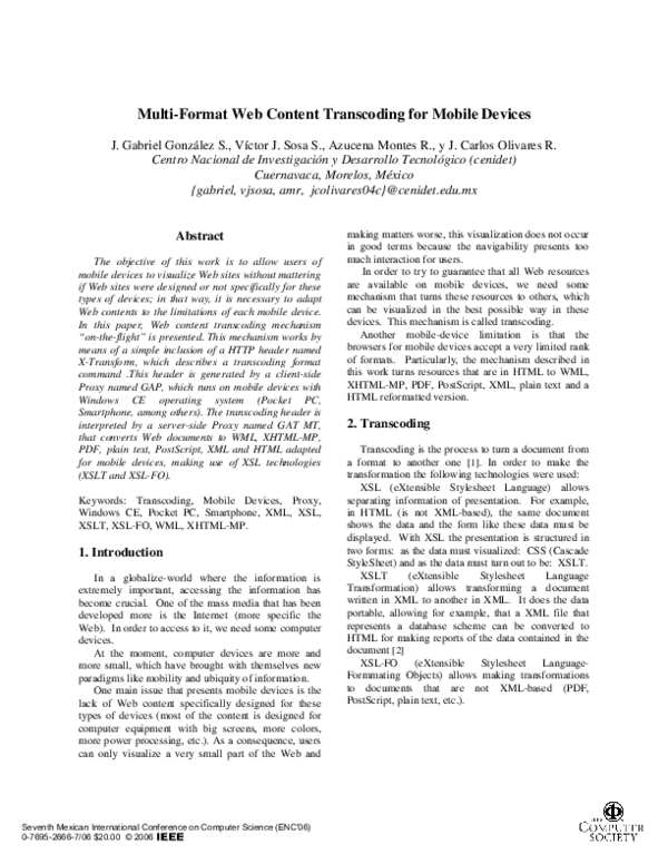 (PDF) Multi-Format Web Content Transcoding for Mobile Devices