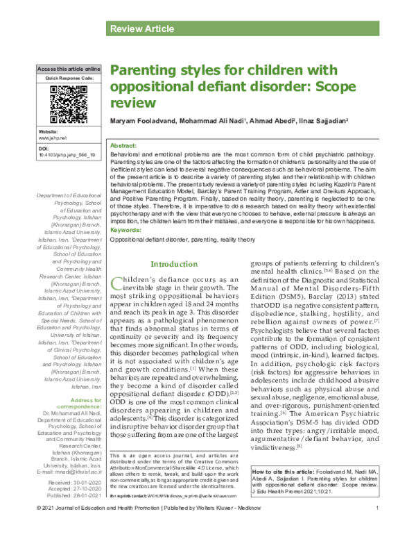 Parenting Styles For Children With Oppositional Defiant Disorder Scope Review