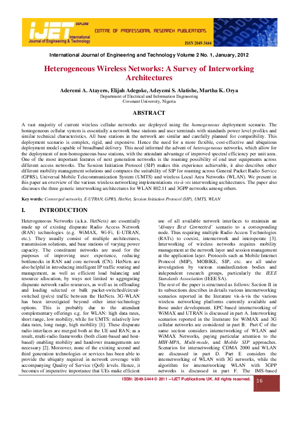 (PDF) Heterogeneous Wireless Networks: A Survey of Interworking ...