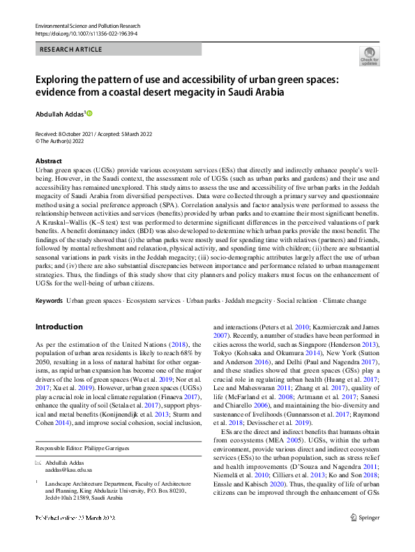 (PDF) Exploring the pattern of use and accessibility of urban green ...