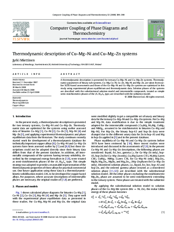 (PDF) Thermodynamic description of Cu–Mg–Ni and Cu–Mg–Zn systems