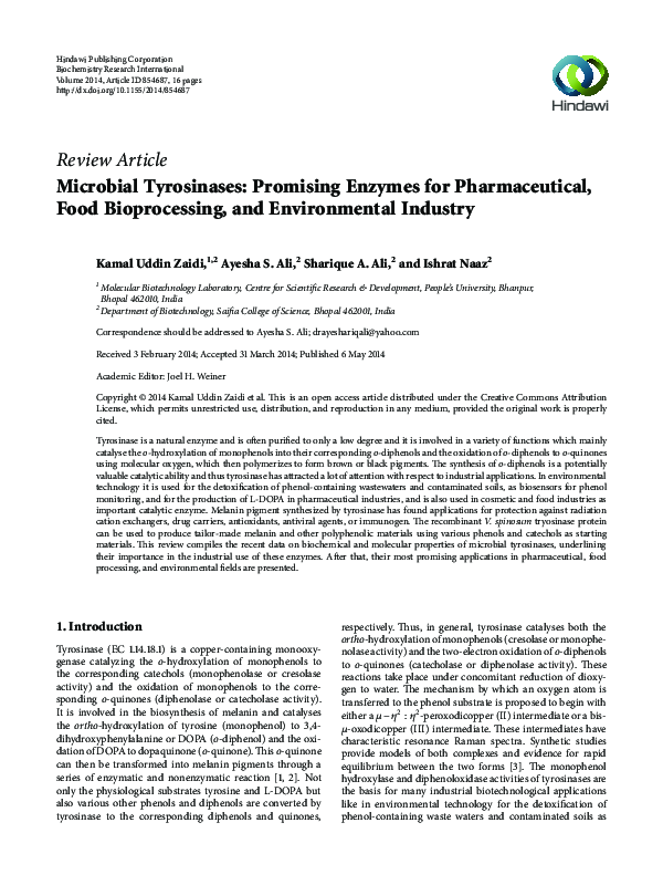 (PDF) Microbial Tyrosinases Promising Enzymes for Pharmaceutical, Food