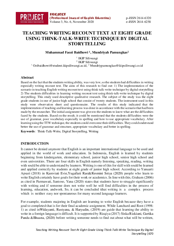 (PDF) Teaching Writing Recount Text at Eight Grade Using Think-Talk ...