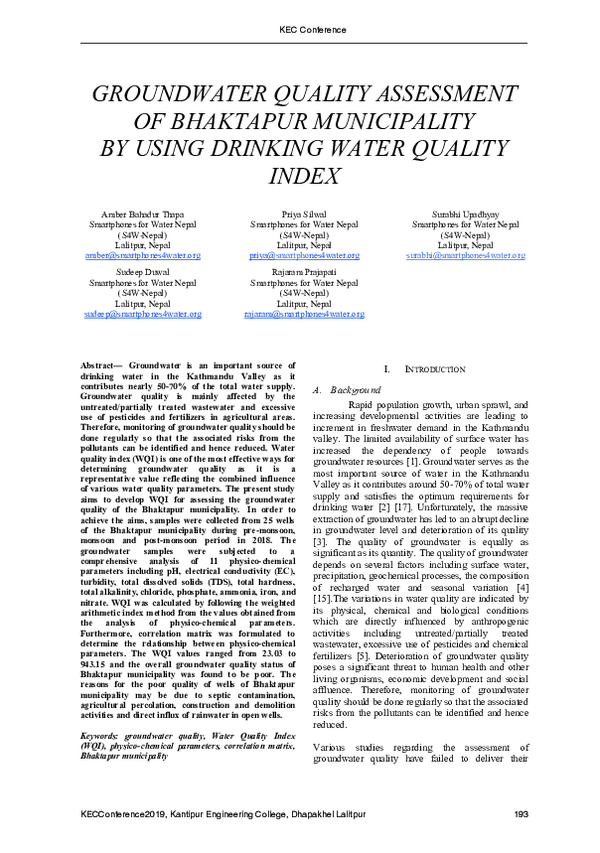 (PDF) Groundwater Quality Assessment of Bhaktapur Municipality by Using ...