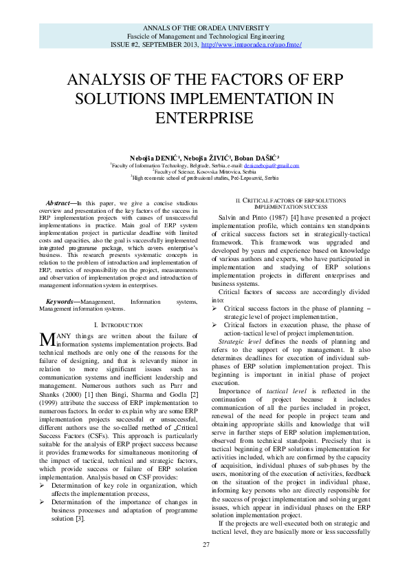 (PDF) Analysis of the Factors of Erp Solutions Implementation in Enterprise