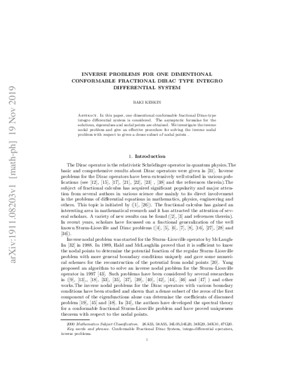 (PDF) Inverse Problems for One Dimentional Conformable Fractional Dirac ...