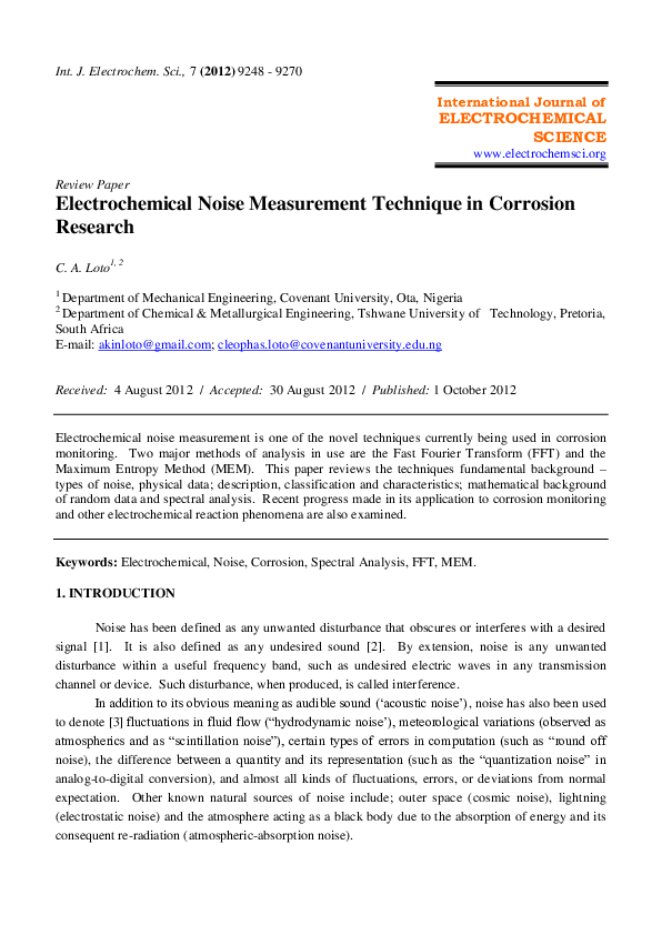 (PDF) Electrochemical Noise Measurement Technique in Corrosion Research