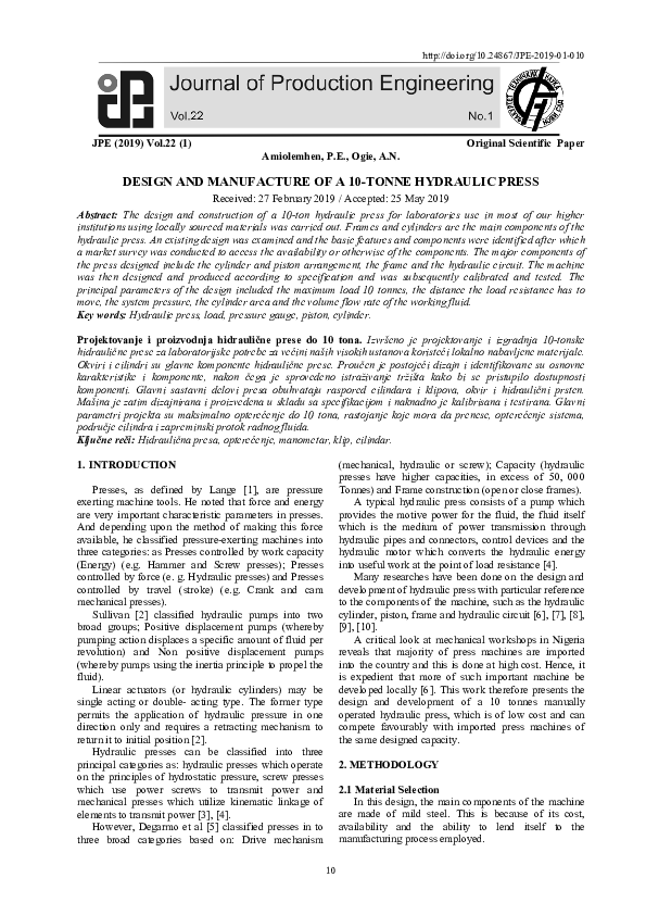 (PDF) Design and Manufacture of a 10-TONNE Hydraulic Press