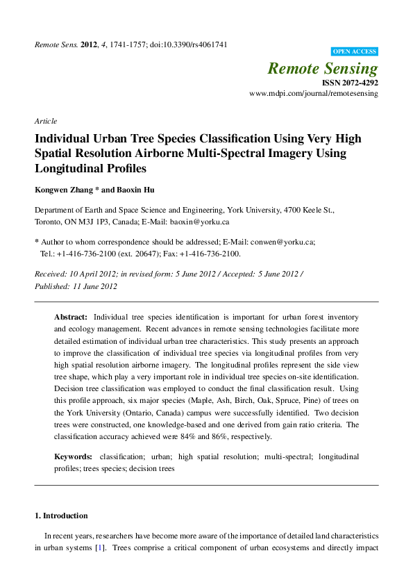 (PDF) Individual Urban Tree Species Classification Using Very High ...