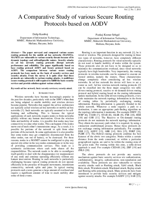 (PDF) A Comparative Study of various Secure Routing Protocols based on AODV