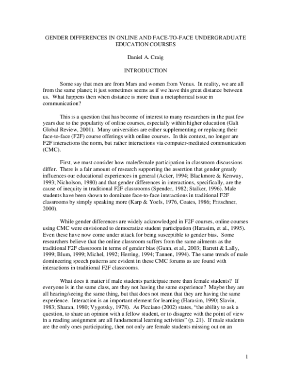 (PDF) Gender Differences in Online and Face-To-Face Undergraduate ...