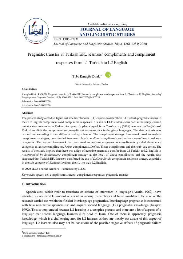 (PDF) Pragmatic transfer in Turkish EFL learners’ compliments and ...