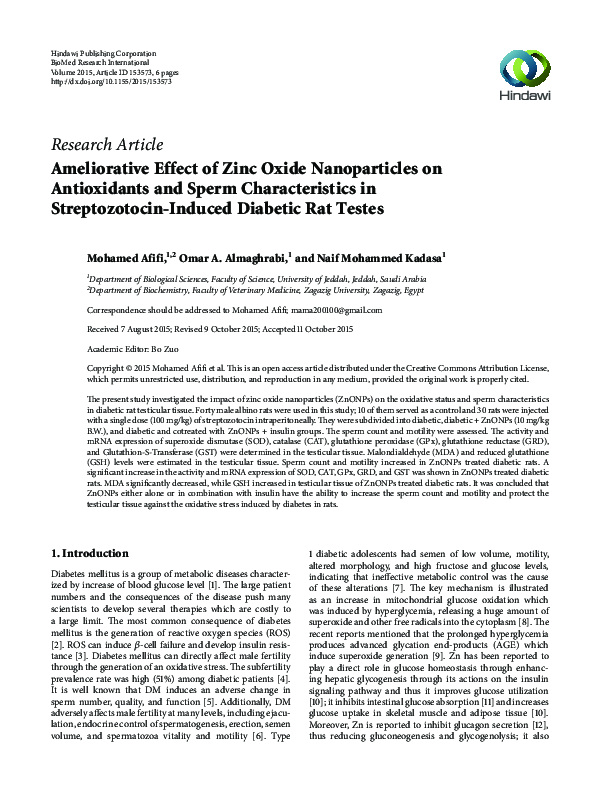 Ameliorative Effect of Zinc Oxide Nanoparticles on Antioxidants and ...