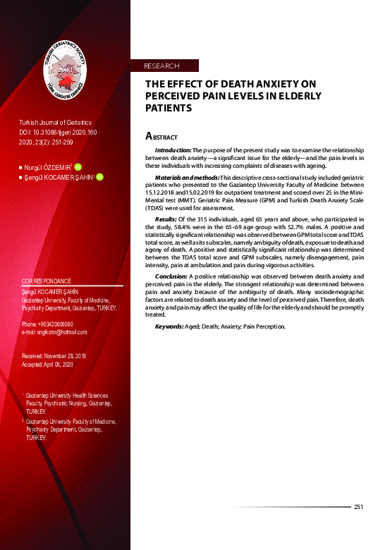 (PDF) The Effect of Death Anxiety on Perceived Pain Levels in Elderly ...