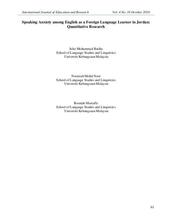 (PDF) Speaking Anxiety among English as a Foreign Language Learner in ...