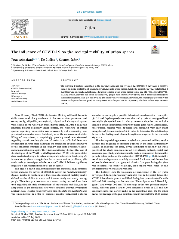 (PDF) The influence of COVID 19 on the societal mobility of urban spaces