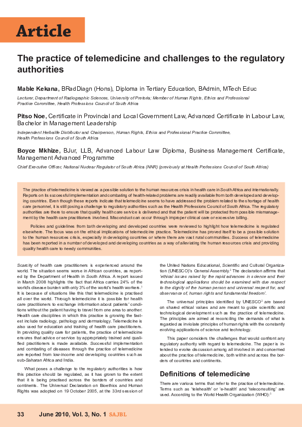 (PDF) The practice of telemedicine and challenges to the regulatory ...