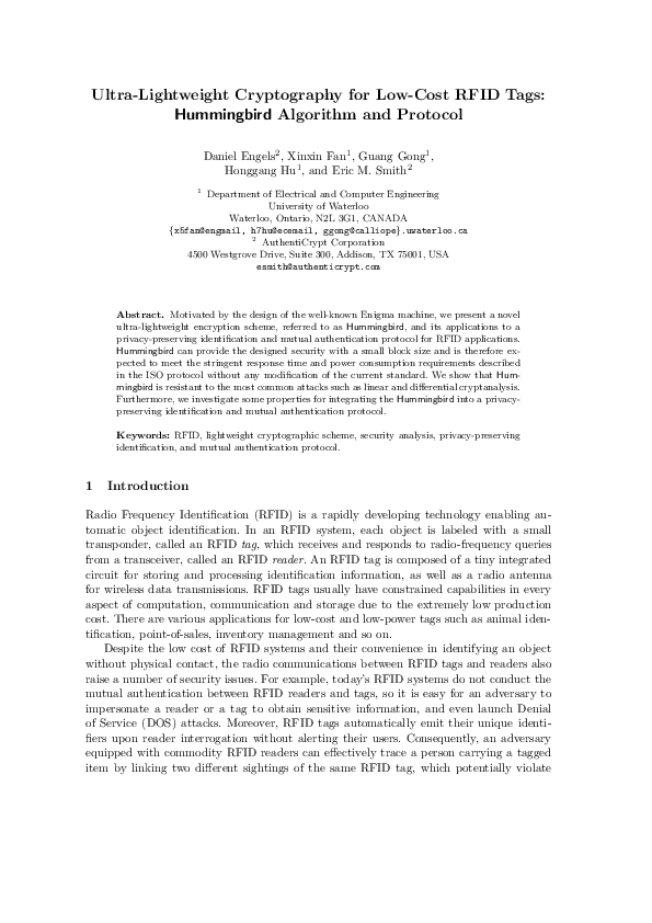(PDF) Ultra-lightweight cryptography for low-cost rfid tags ...