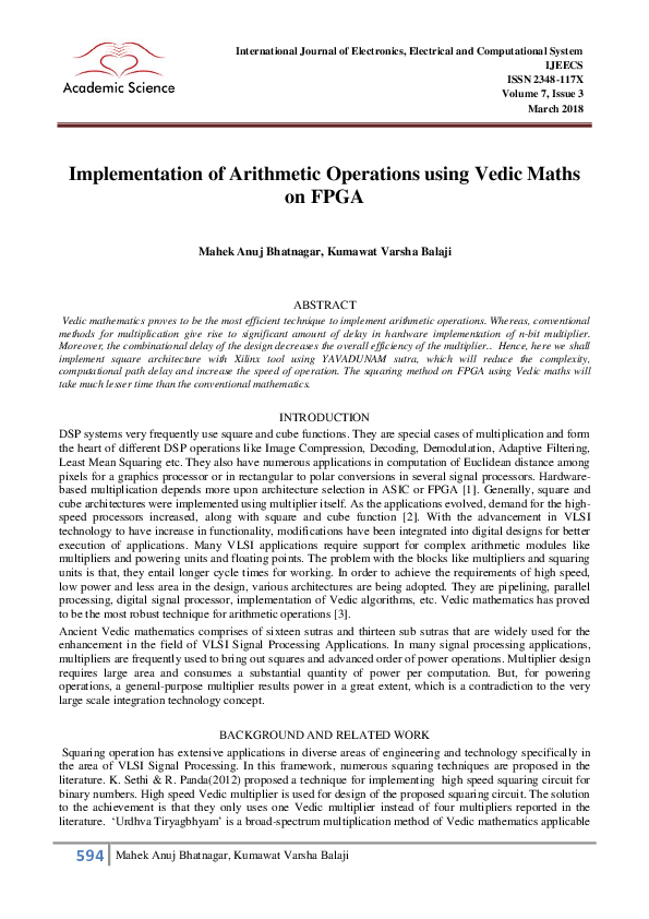 (PDF) 594 Implementation of Arithmetic Operations using Vedic Maths on FPGA