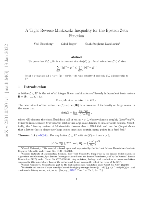 (PDF) A Tight Reverse Minkowski Inequality for the Epstein Zeta Function Yael Eisenberg