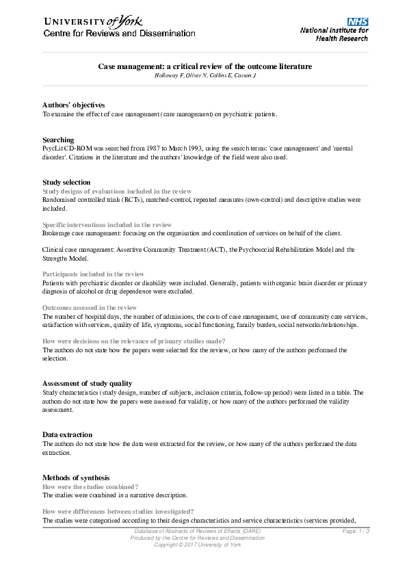 (PDF) Case management: A critical review of the outcome literature