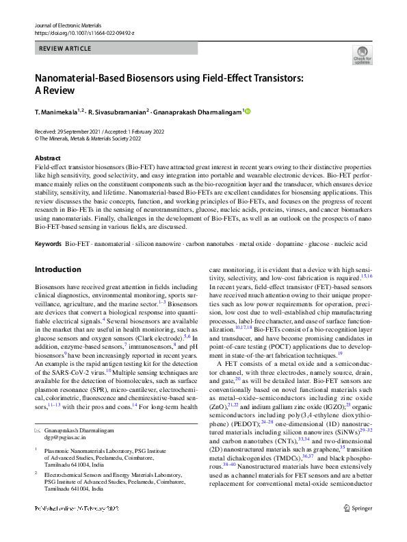  PDF Nanomaterial Based Biosensors Using Field Effect Transistors A 