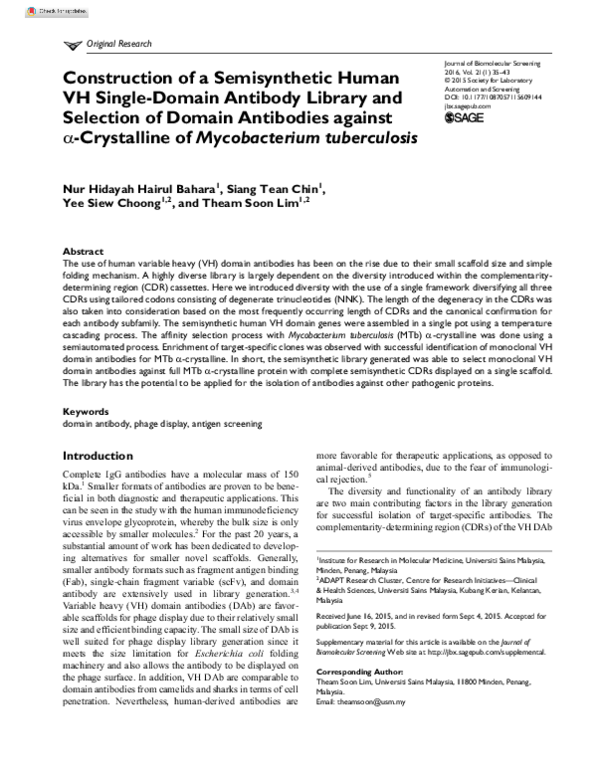 (PDF) Construction of a Semisynthetic Human VH Single-Domain Antibody ...