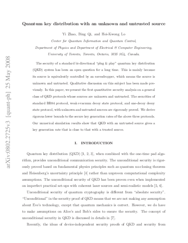 (PDF) Quantum key distribution with an unknown and untrusted source