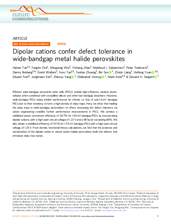 (PDF) Dipolar cations confer defect tolerance in wide-bandgap metal ...