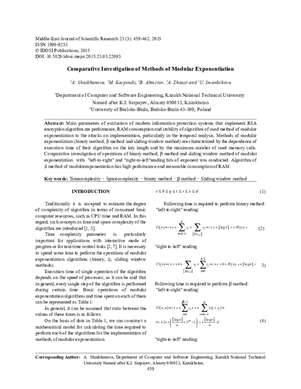 (PDF) Comparative Investigation of Methods of Modular Exponentiation